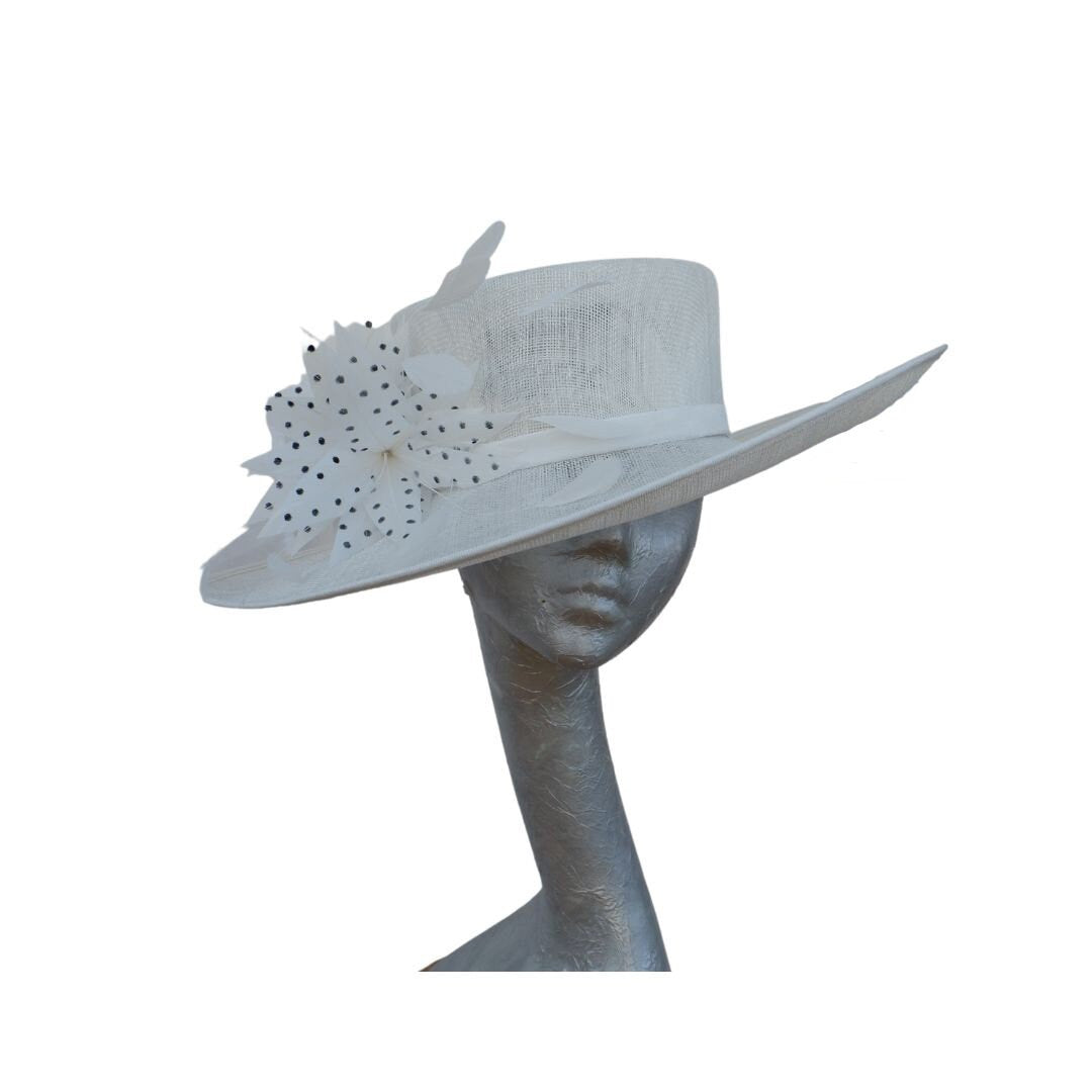 Joanie - Ivory side sweep feature hat with Ivory & Black polka dot  feather trim