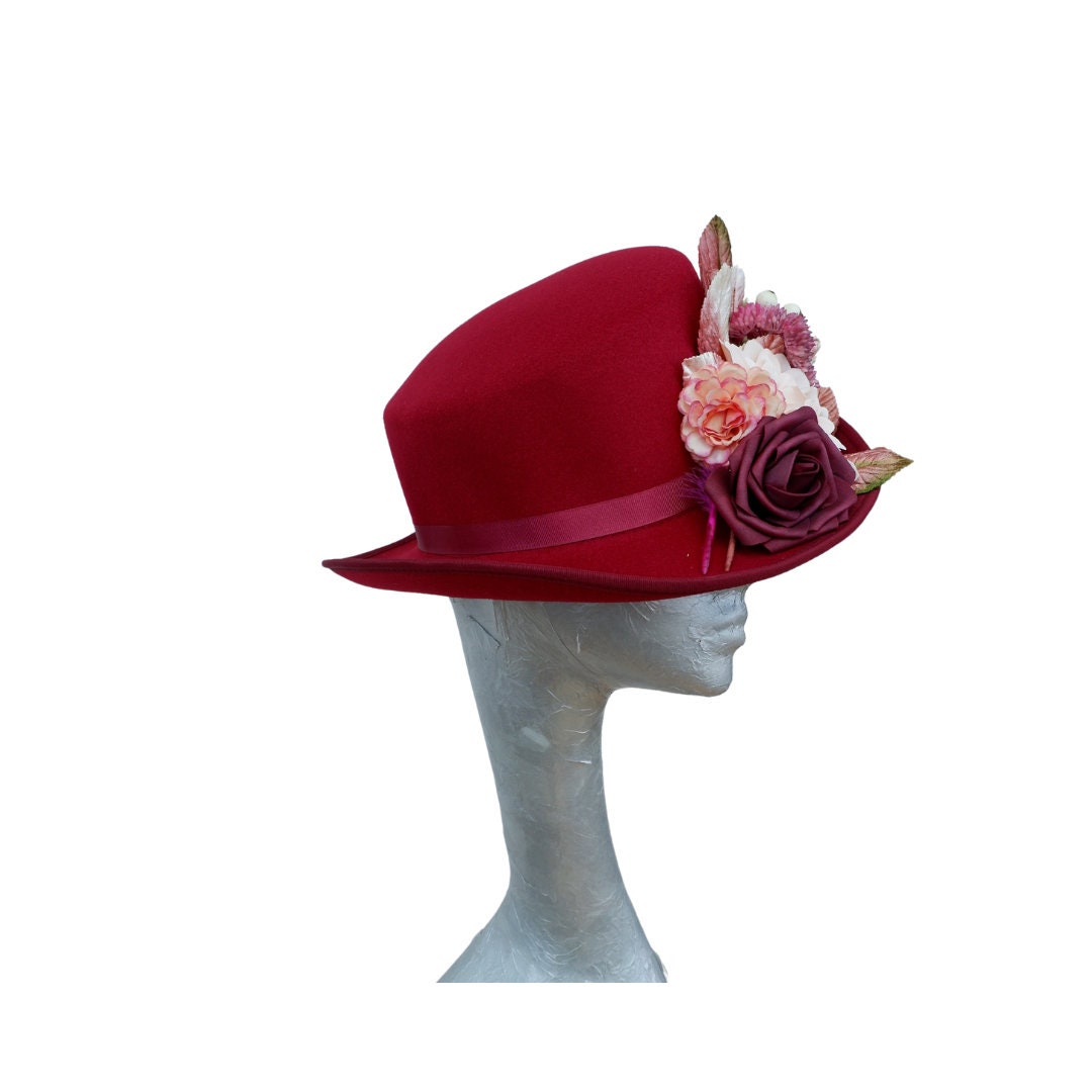 Hallie - WIne & Ivory/ blush slanted soft Top Hat with Floral detail