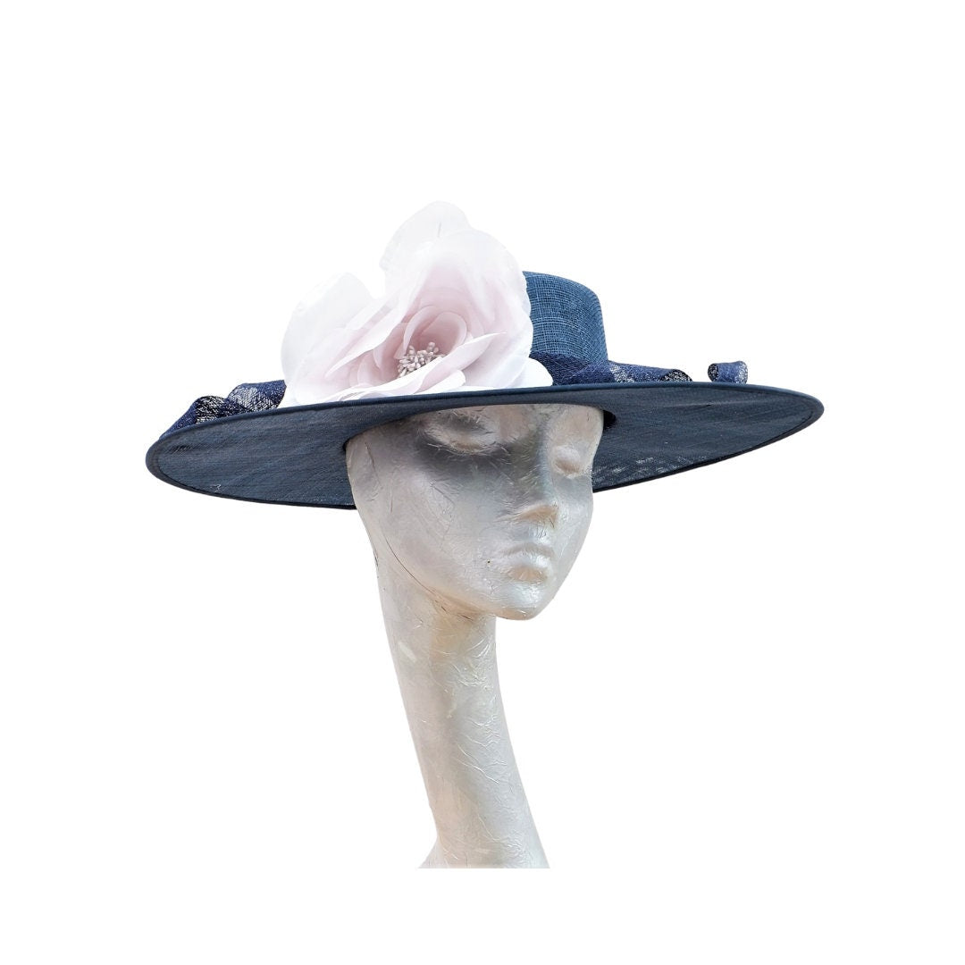 Henley - Navy Blue Sinamay Boater with Blush Flower