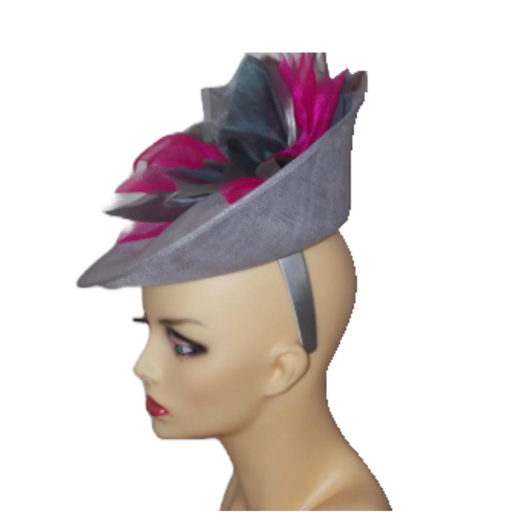 Silver Grey uptured saucer with Cerise & Silver organza flower  by Hats2go