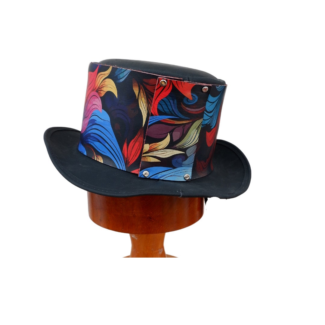 Carl - Black Leather hat with Multi coloured Trim.