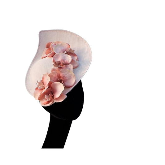 Maple - Nude silk covered sinamay pointed shaped feature saucer hatinator with orchids