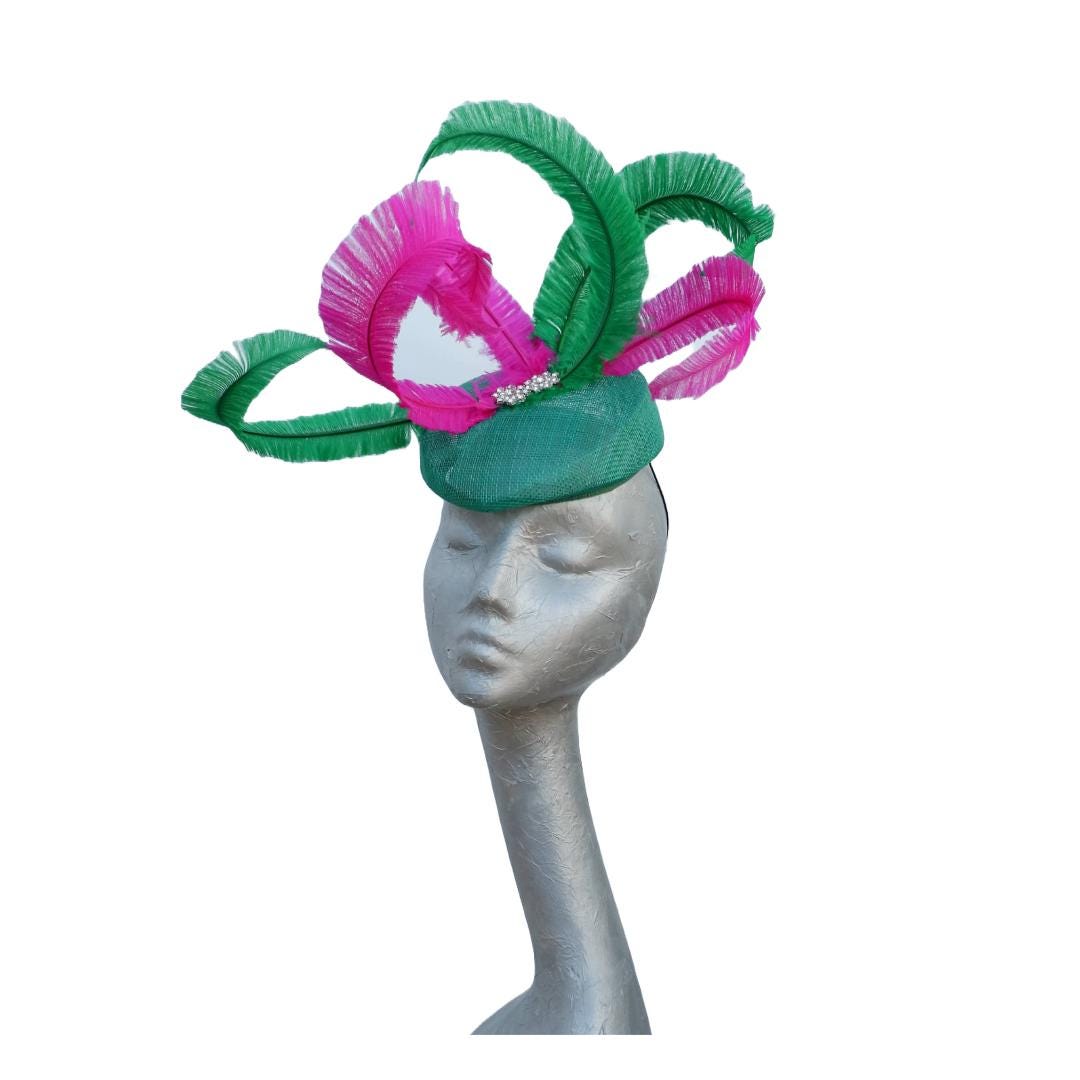 Marlow - Emerald Green Pillbox with Emerald & Hot Pink Feathers