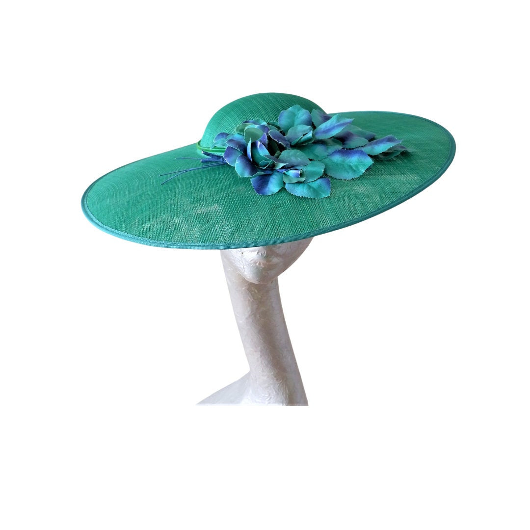 Olivia - Emerald Green Hat with Vintage 40s/50s Emerald & Blue trim