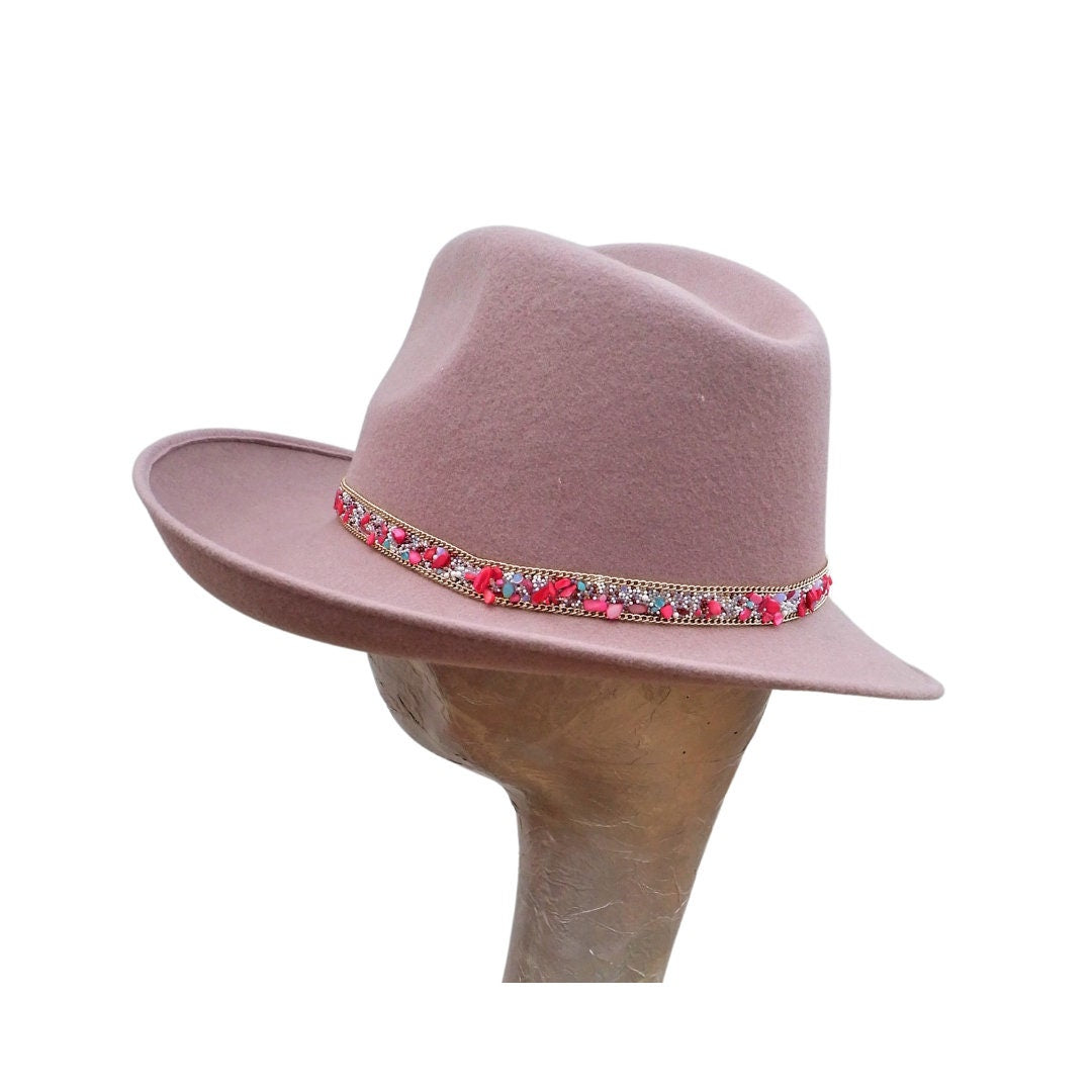 Mabel - Blush Felt Trilby Hat with Gemstone Trim