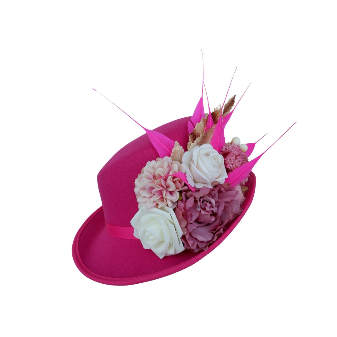 Darcy - Hot pink & Ivory slanted soft Top Hat with Floral detail