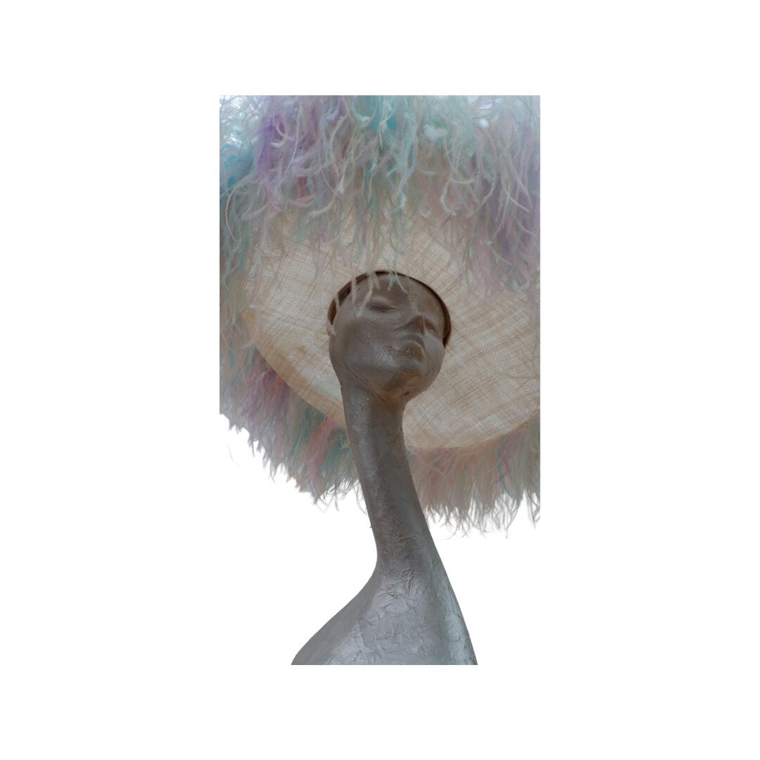 Emma - Extra large Hat Nude & Multi pastel Rainbow feathers