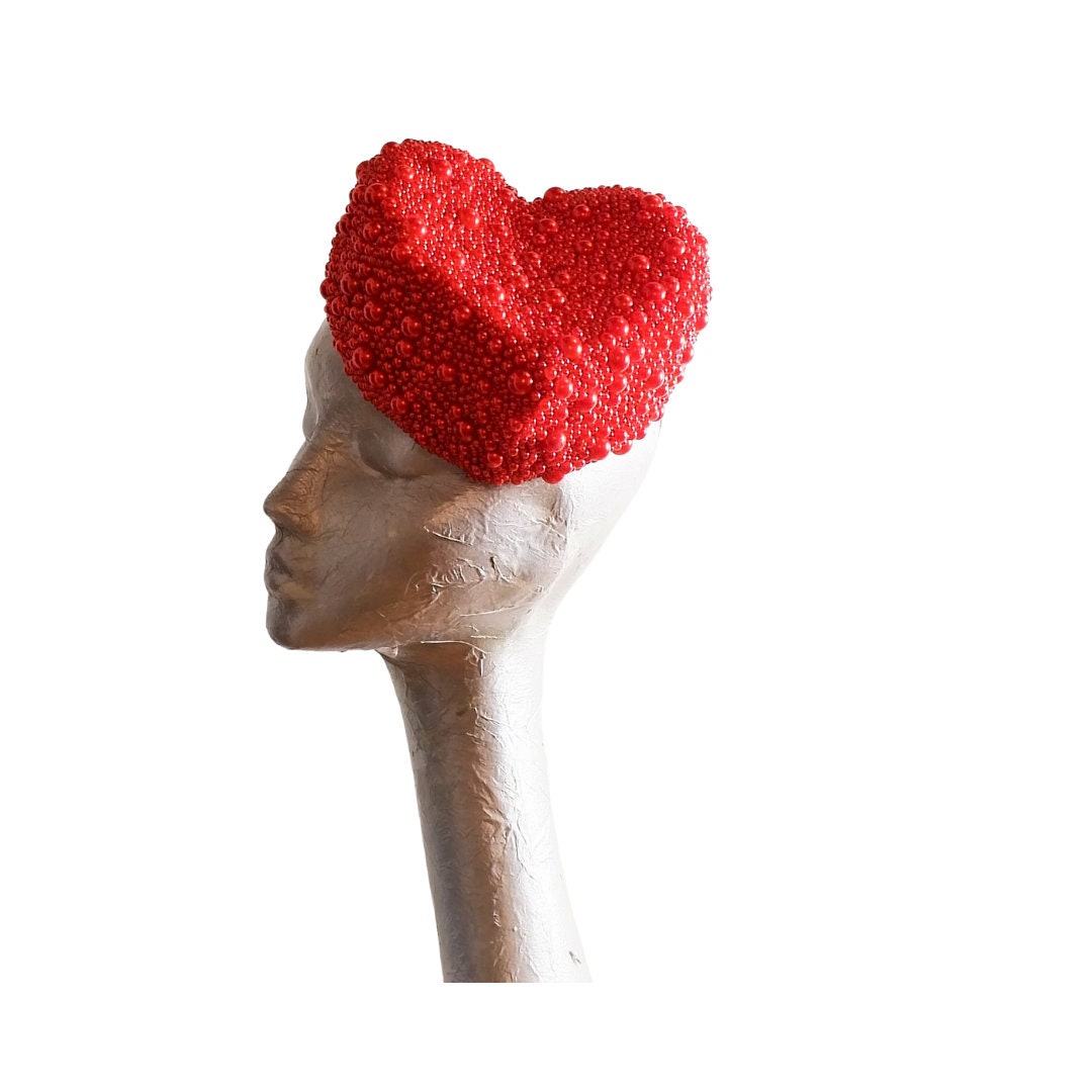 Valentine - Red Heart Beaded Cocktail hat