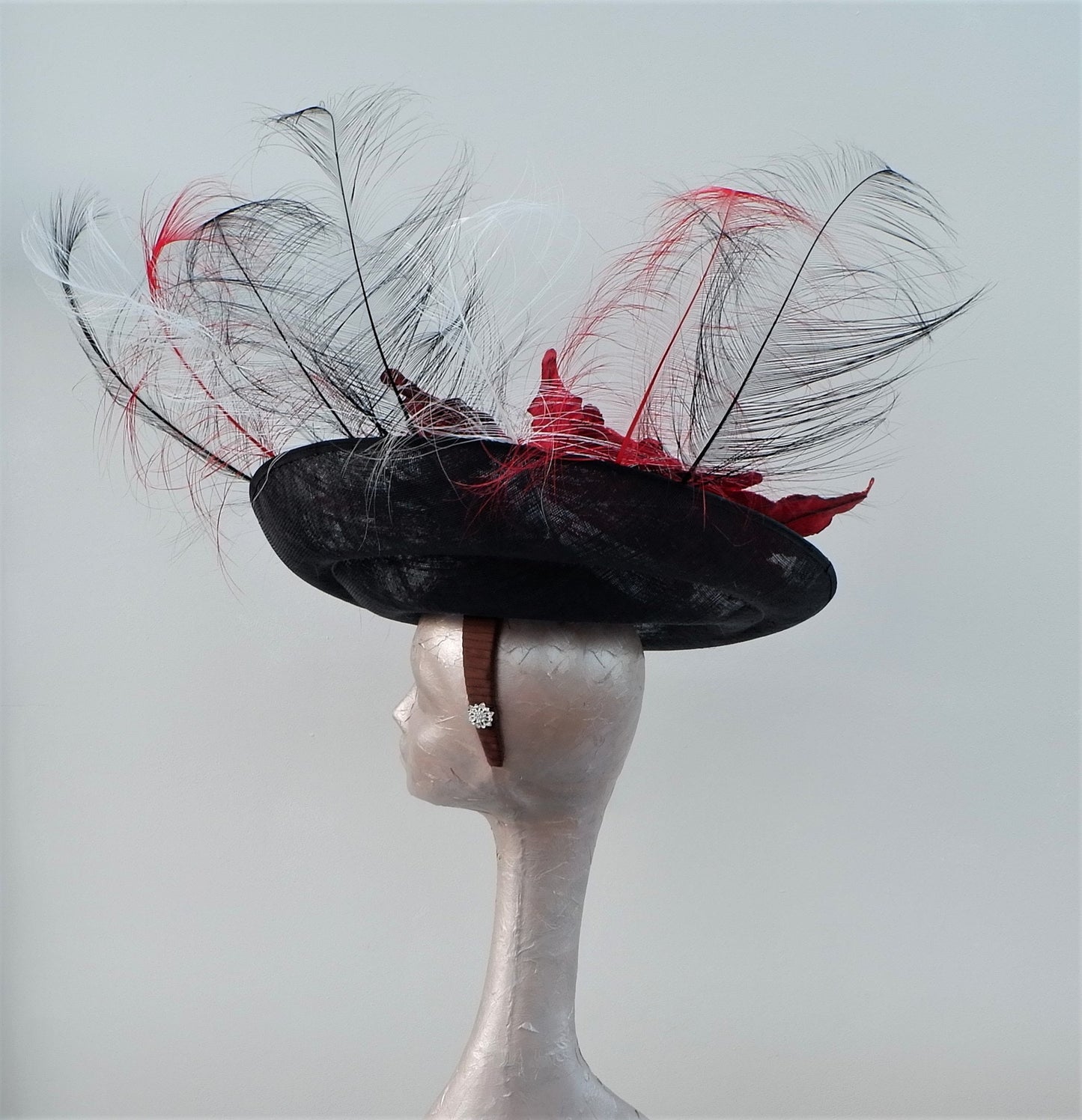 Extra large Black feature fascinator with 57cm Velvet Poinsettia & Ostrich feathers