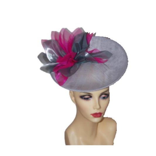 Silver Grey uptured saucer with Cerise & Silver organza flower  by Hats2go