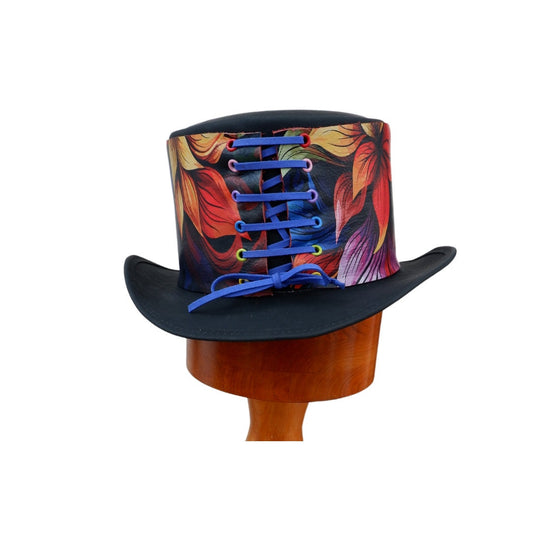 Carl - Black Leather hat with Multi coloured Trim.