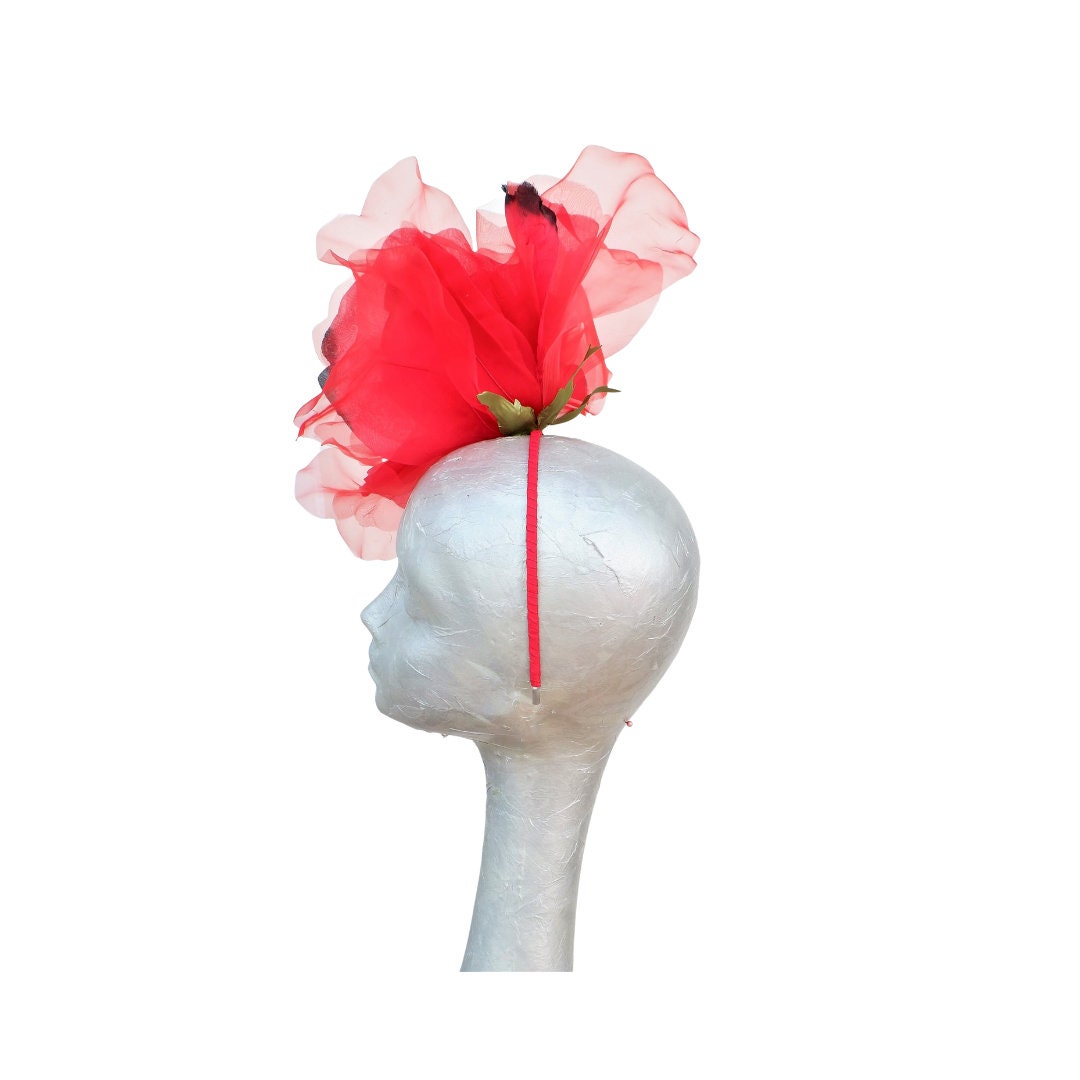 Ava--- Scarlet Red & Black silk/organza 12" flower fascinator
