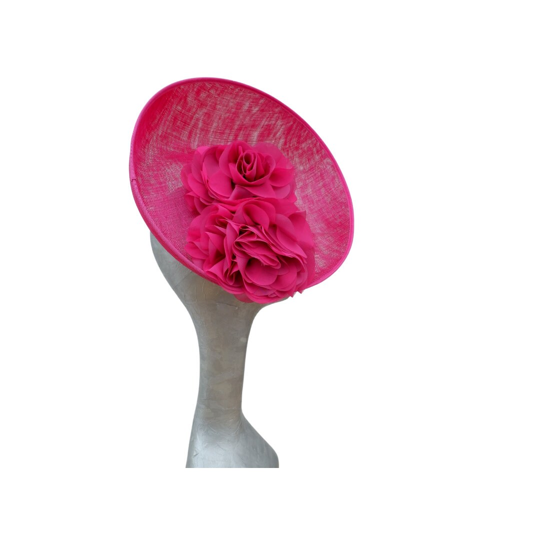 Kelsi - Fuchsia Feature fascinator with two tone fabric flowers on hairband