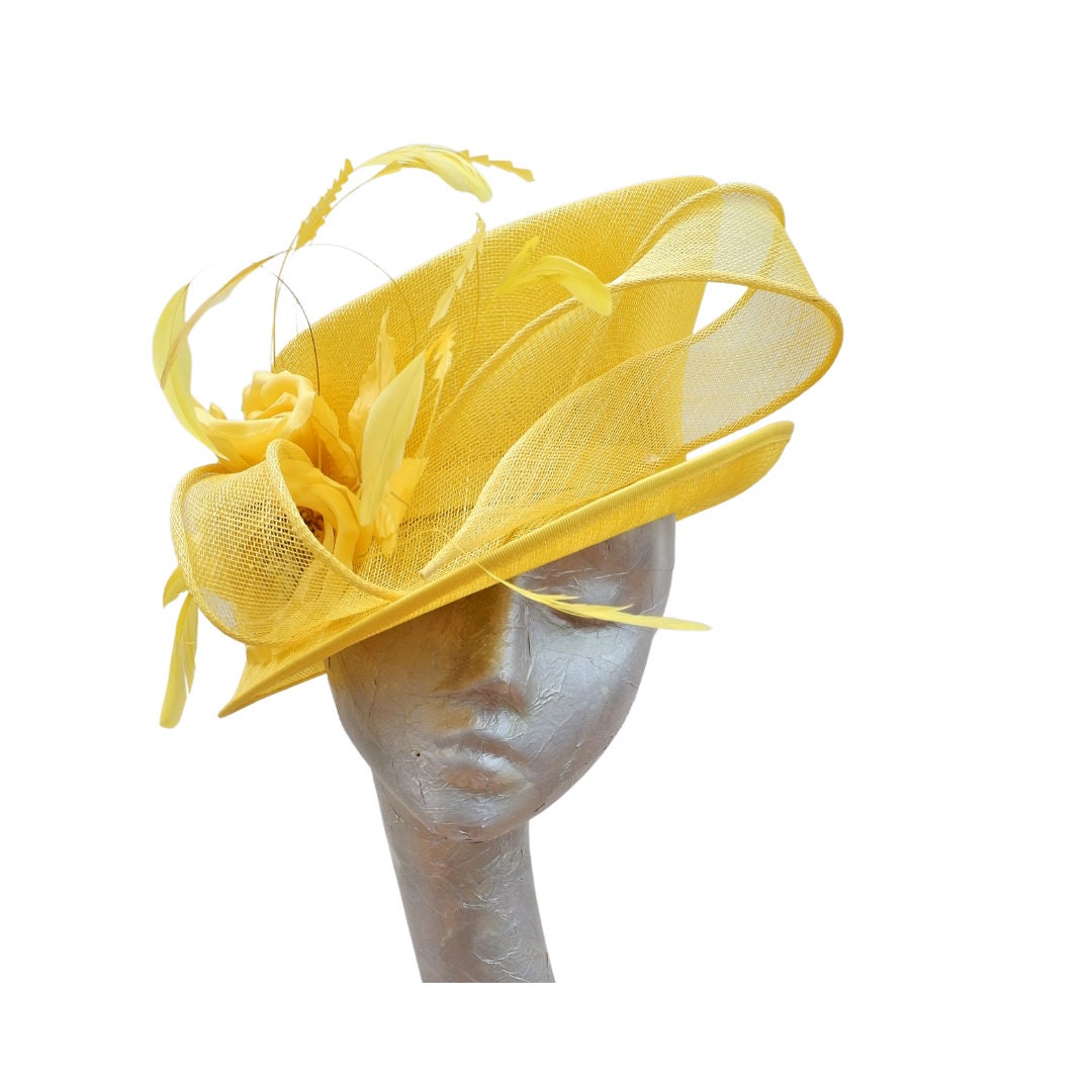 Cirrus - Maize Yellow feature hat with feather & Silk flower detail