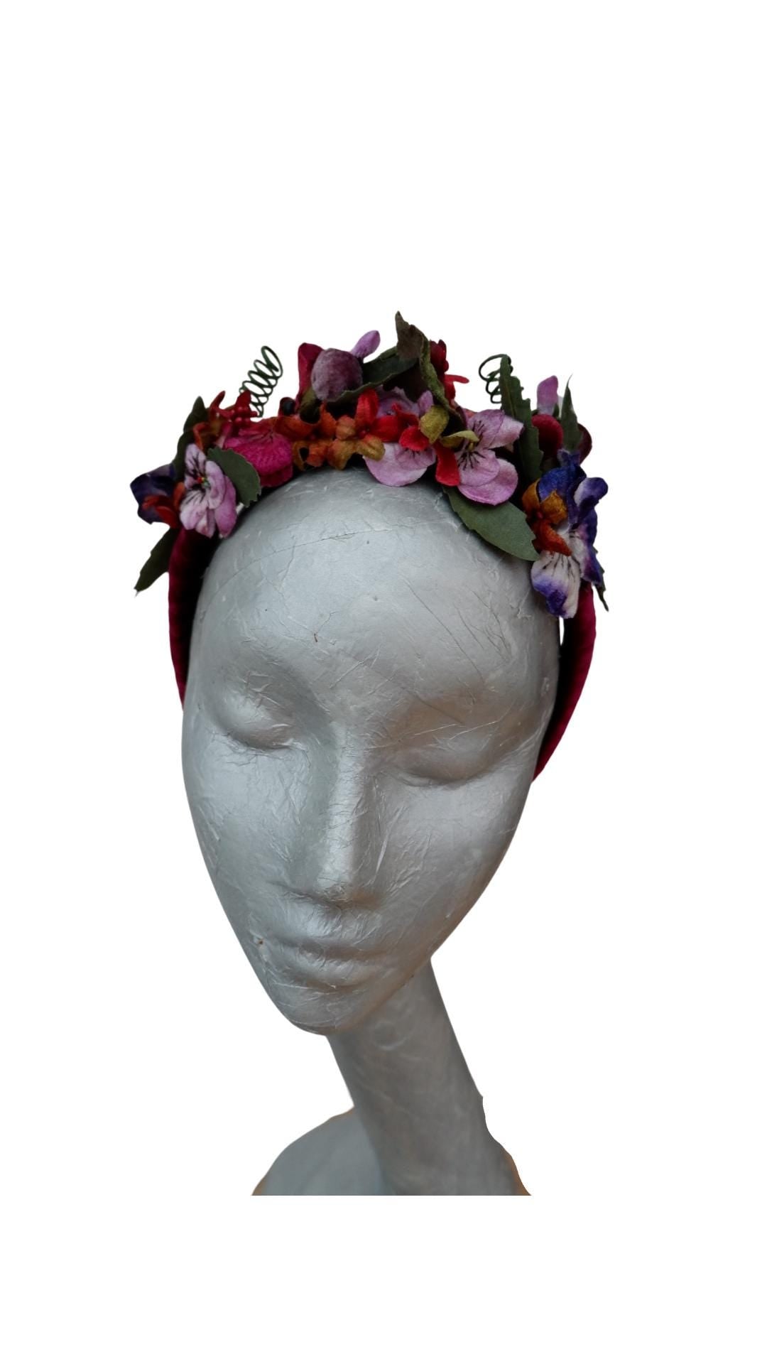 Viola - Claret Velvet Fascinator Headband with Multi Vintage pansies