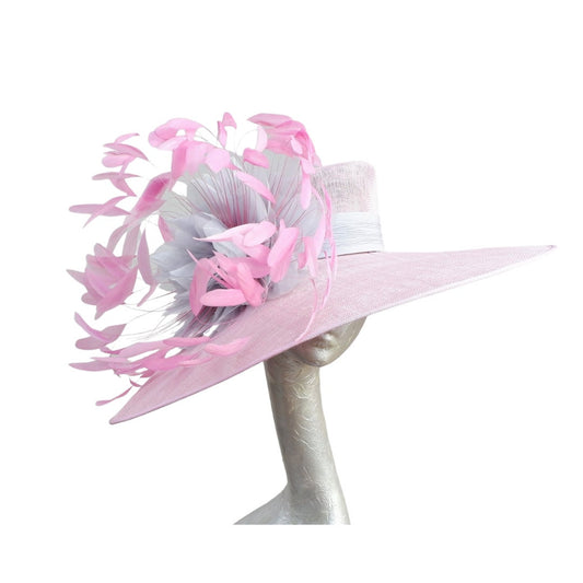 Philipa - Extra large Orchid Pink Hat with Silver Grey organza flower & Pink feathers
