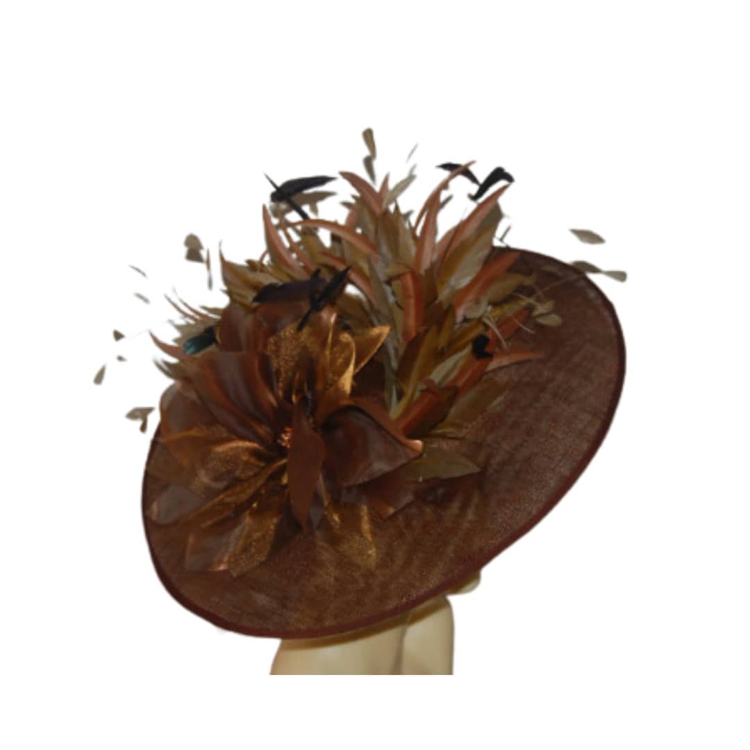 Melanie - Medium Oval Chestnut feature saucer hatinator with feathers & organza flower