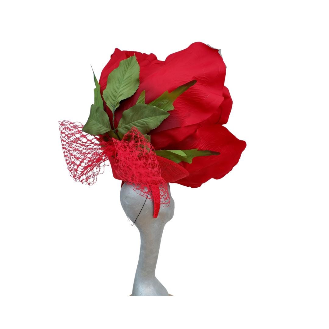 Lizzy - Oversized 75 cm  Red Silk Rose Fascinator