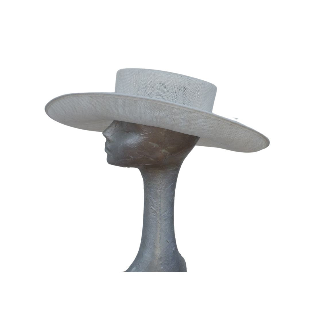 Joanie - Ivory side sweep feature hat with Ivory & Black polka dot  feather trim