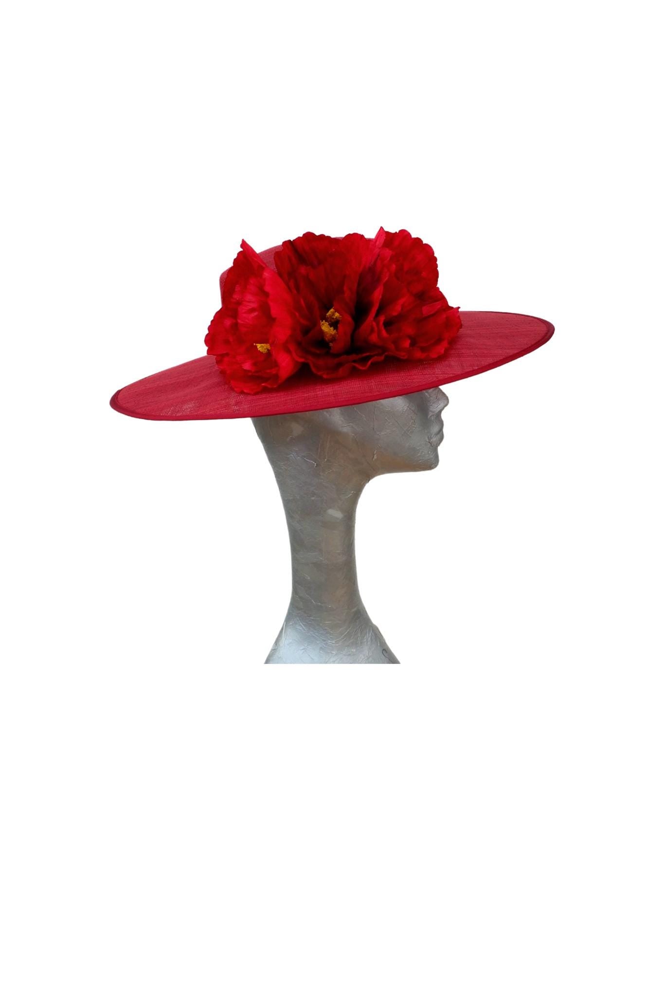 Belinda - Cherry Red Boater with Poppies
