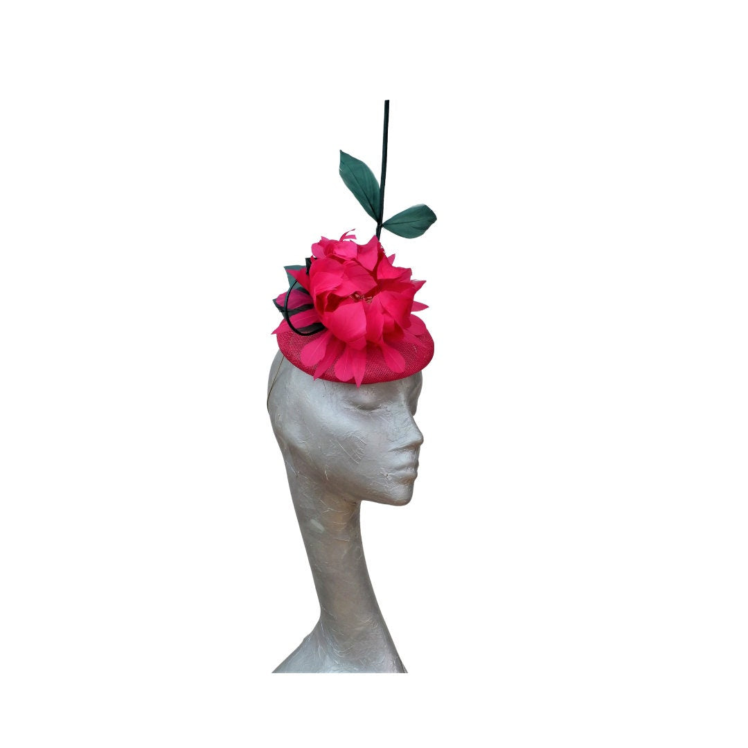 Taino - Fuchsia Button Base with Raspberry feather flower