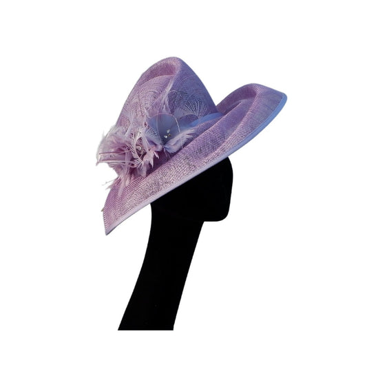 Heather - Stunning detailed feature hat in Lilac with a small feather detail with diamantes
